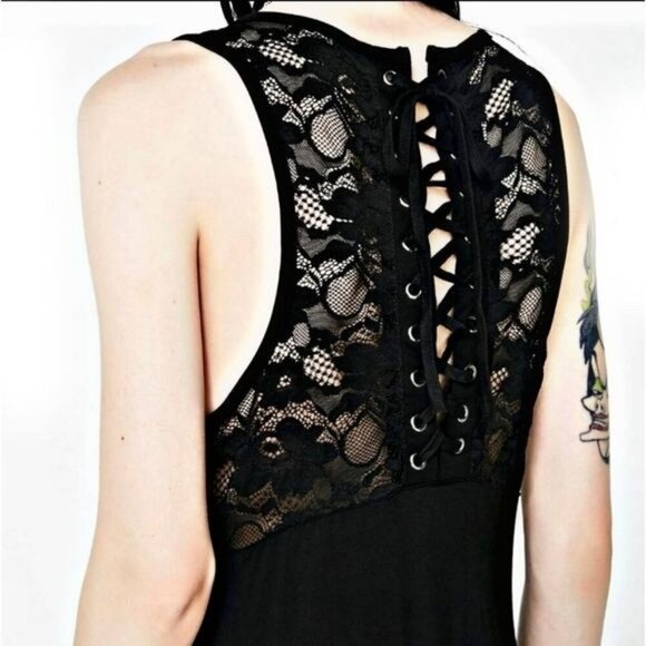 KILLSTAR Sharkbite Hem Dress – “No Sleep” Skull Graphic, Lace-Up Back Gothic - Picture 3 of 7